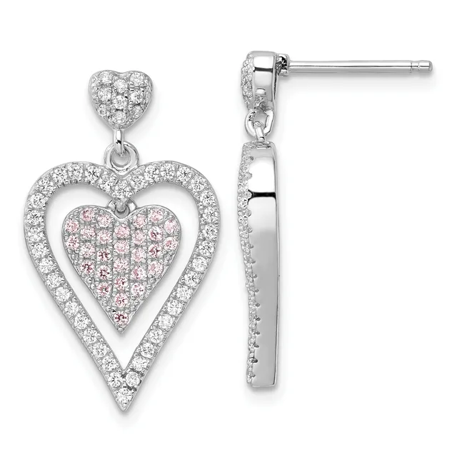 Pair of sterling silver heart-shaped drop earrings with white and pink cubic zirconia stones, shown from front and side views.