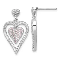 Pair of sterling silver heart-shaped drop earrings with white and pink cubic zirconia stones, shown from front and side views.