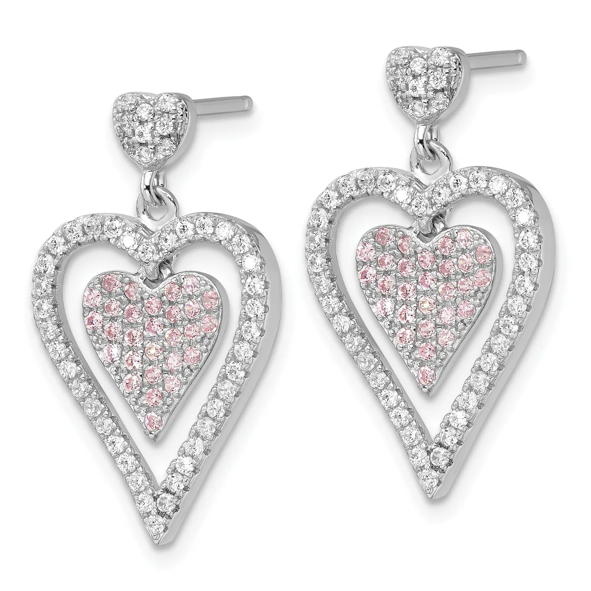 Pair of silver heart-shaped dangle earrings with small heart studs, featuring white and pink cubic zirconia stones arranged in concentric heart patterns.