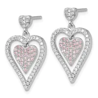 Pair of silver heart-shaped dangle earrings with small heart studs, featuring white and pink cubic zirconia stones arranged in concentric heart patterns.