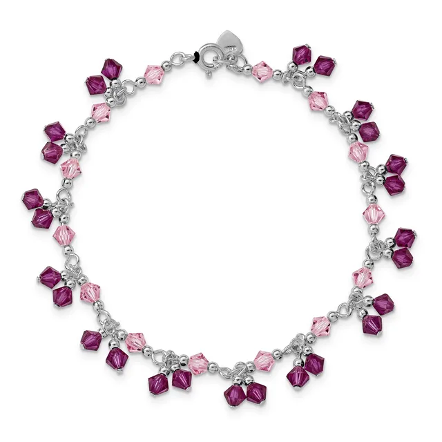 A silver-toned bracelet with alternating pink and deep purple faceted crystal beads arranged in clustered drops along its length, fastened with a spring ring clasp.
