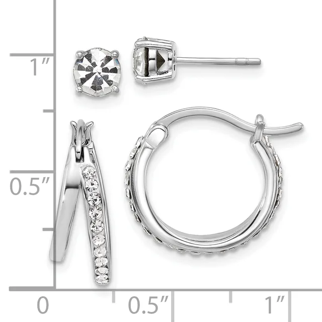 Two pairs of sterling silver earrings displayed on a measurement scale: stud earrings with round faceted stones and hoop earrings with crystal accents along the inner edge.