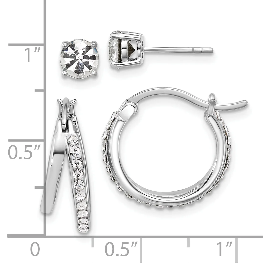 Two pairs of sterling silver earrings displayed on a measurement scale: stud earrings with round faceted stones and hoop earrings with crystal accents along the inner edge.