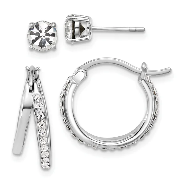 Two pairs of silver earrings displayed against a white background: stud earrings with round clear stones and hoop earrings with a row of clear stones on one side.