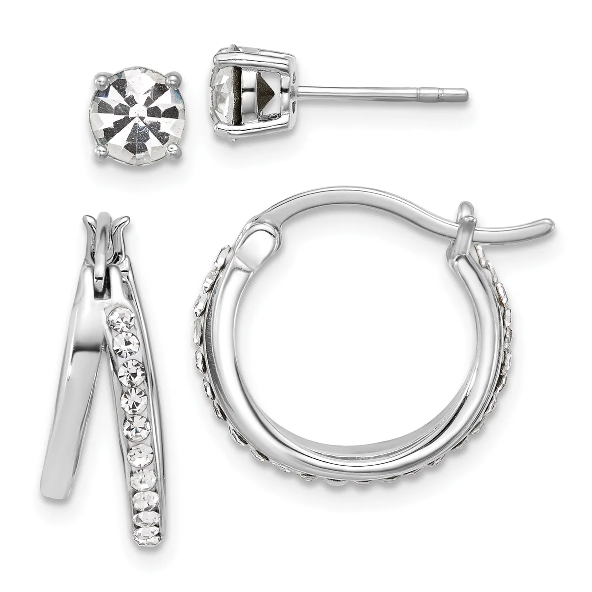Two pairs of silver earrings displayed against a white background: stud earrings with round clear stones and hoop earrings with a row of clear stones on one side.