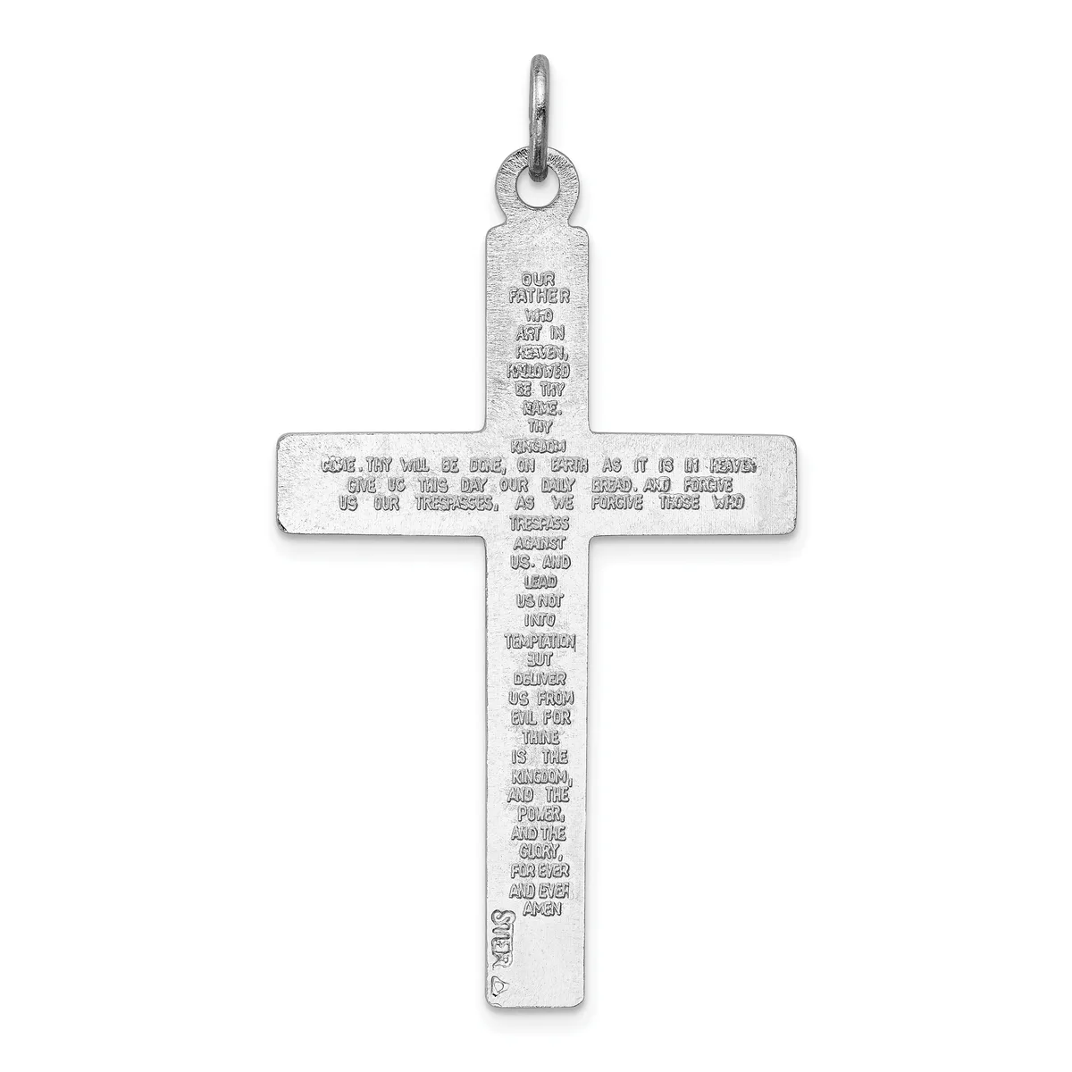 A silver cross pendant with the Lord's Prayer engraved in small text throughout, suspended from a loop at the top.