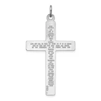 A silver cross pendant with the Lord's Prayer engraved in small text throughout, suspended from a loop at the top.