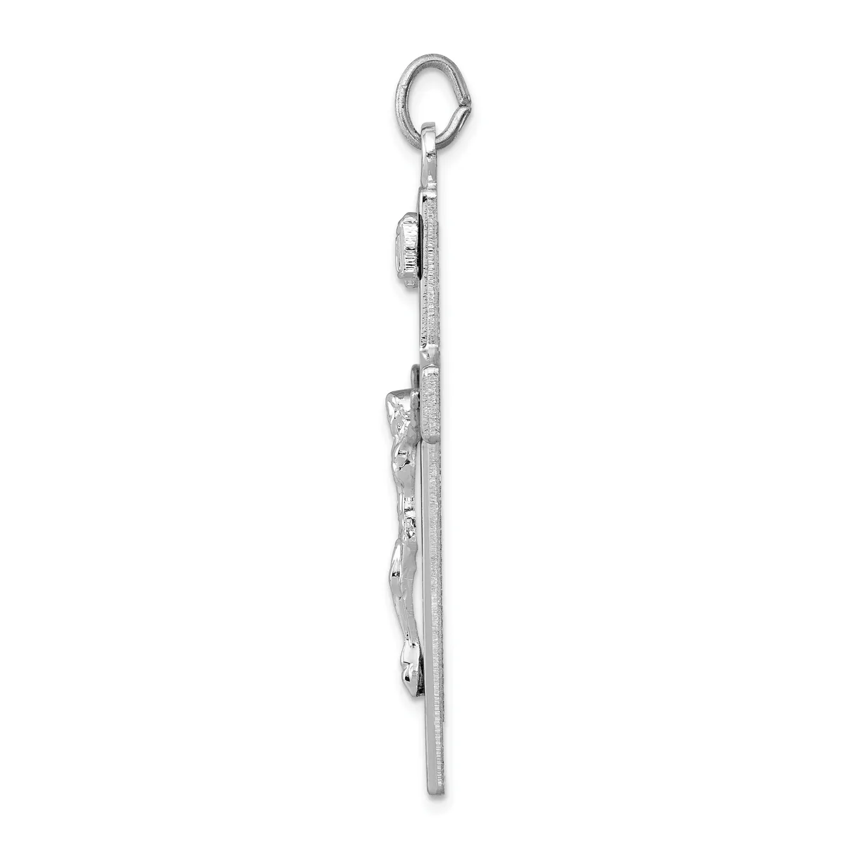 A long silver carabiner clip with an attached silver chain and rectangular pendant featuring decorative cutout details, shown hanging vertically.