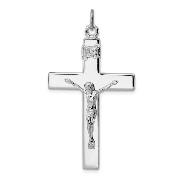 A silver crucifix pendant with a polished cross and a detailed figure of Christ, featuring a small stamped hallmark at the top.