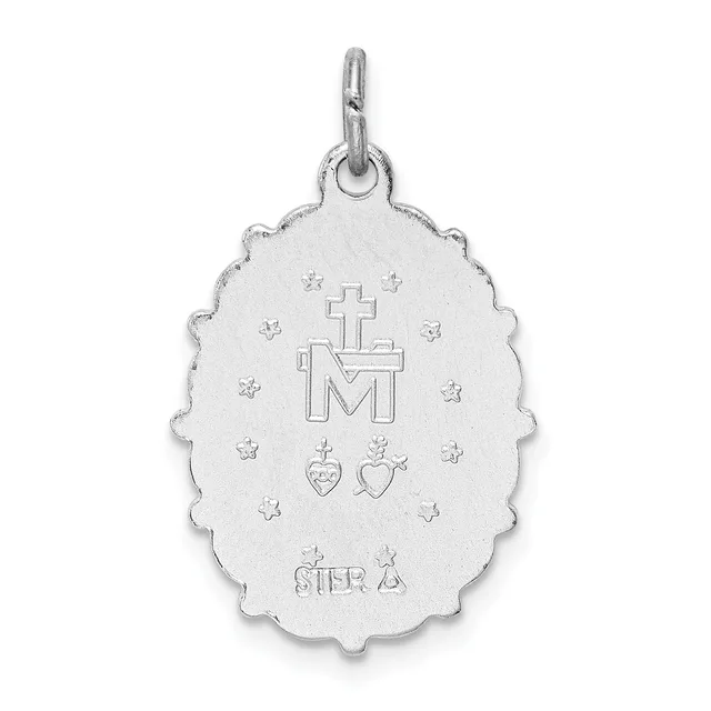 Silver oval pendant with scalloped edges featuring a cross above the letter M, two hearts, stars, and a small stamped hallmark at the bottom.