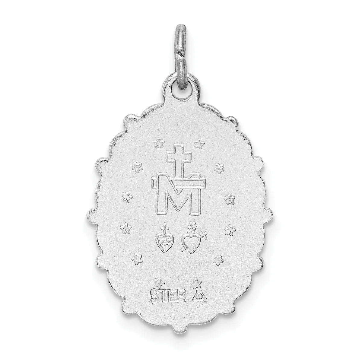 Silver oval pendant with scalloped edges featuring a cross above the letter M, two hearts, stars, and a small stamped hallmark at the bottom.