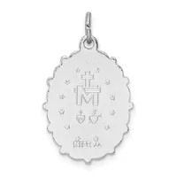 Silver oval pendant with scalloped edges featuring a cross above the letter M, two hearts, stars, and a small stamped hallmark at the bottom.