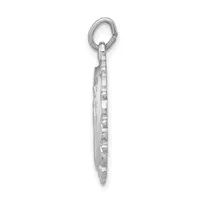 A long silver pendant with a textured surface and small rectangular cutouts along its length, suspended from an oval loop at the top.