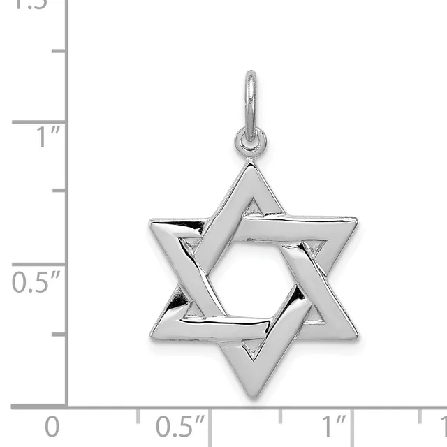 A polished sterling silver Star of David pendant with an open center design, shown next to a measurement scale indicating its size is approximately one inch tall.