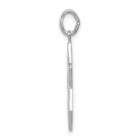 A silver pendant consisting of an oval loop at the top attached to a long tapered rod that comes to a point at the bottom.