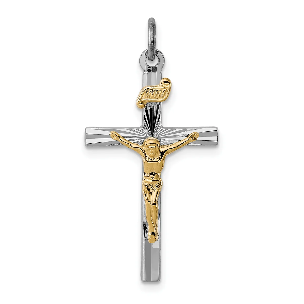 Two-tone crucifix pendant with polished silver cross and gold-plated corpus figure, suspended from a silver bail with decorative gold accent at the top.