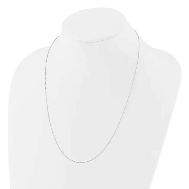 A delicate silver-toned chain necklace displayed on a white mannequin bust.
