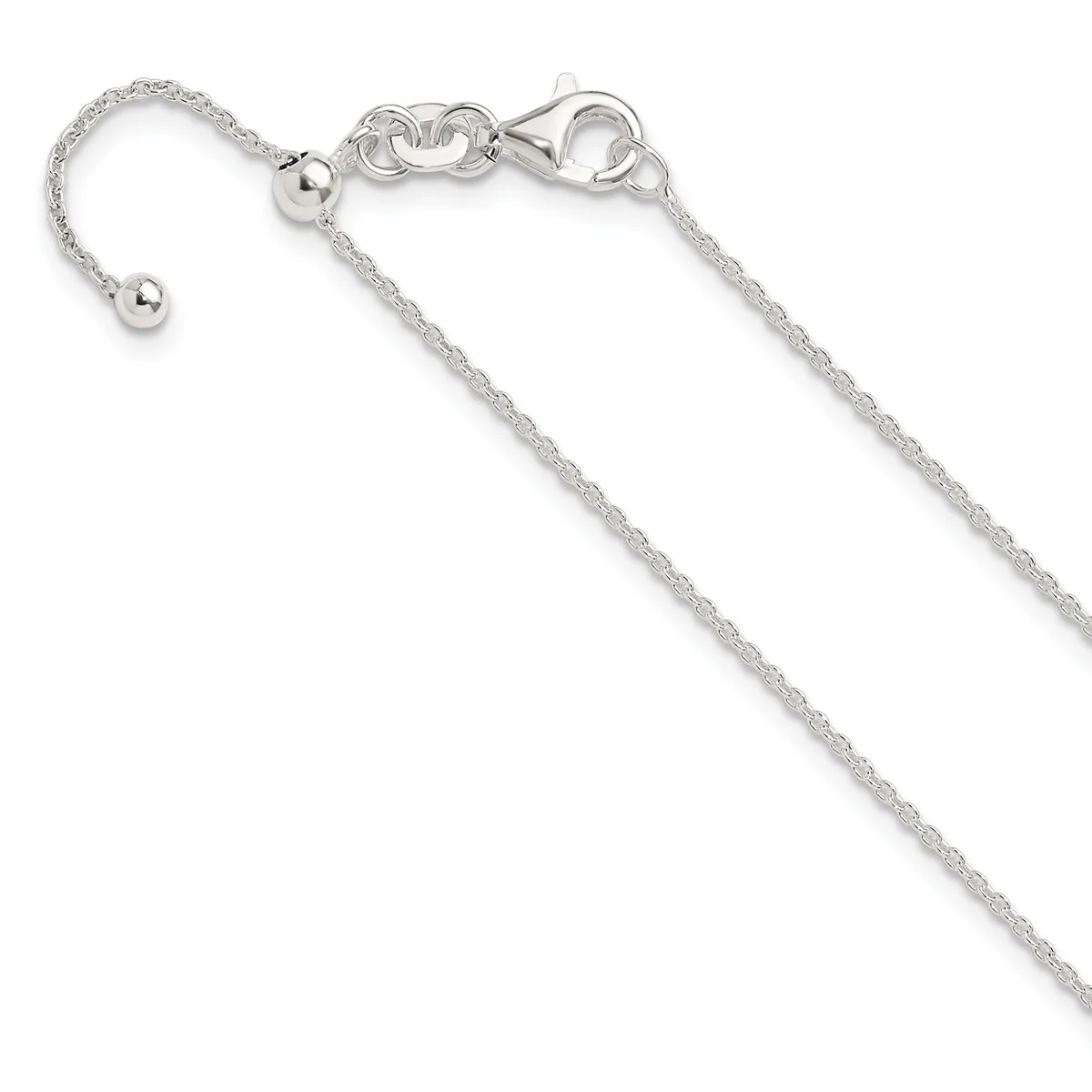 Sterling silver chain necklace with lobster claw clasp and adjustable ball ends, displayed against a white background.