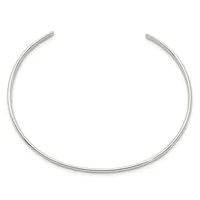 A polished silver-colored open cuff bracelet with curved ends against a white background.