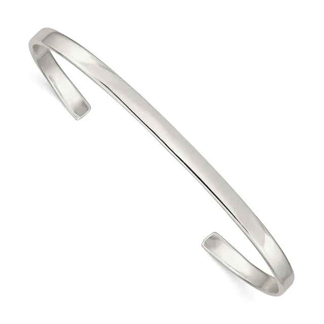 A polished silver cuff bracelet with open ends and a smooth, curved rectangular band shown at an angle against a white background.