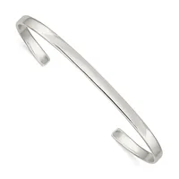 A polished silver cuff bracelet with open ends and a smooth, curved rectangular band shown at an angle against a white background.