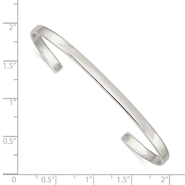 Silver-toned open cuff bracelet with rounded ends, shown against a measurement scale indicating approximately 2 inches in width.