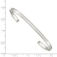 Silver-toned open cuff bracelet with rounded ends, shown against a measurement scale indicating approximately 2 inches in width.