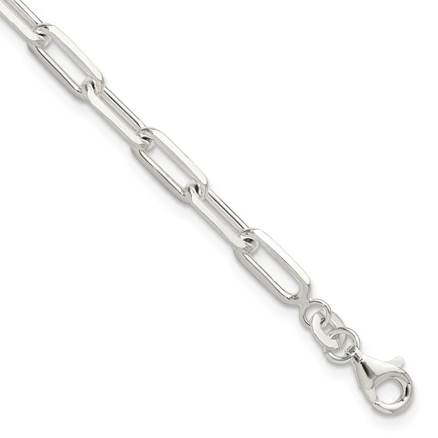 Silver-toned chain bracelet with elongated oval links and a lobster claw clasp, displayed diagonally against a white background.