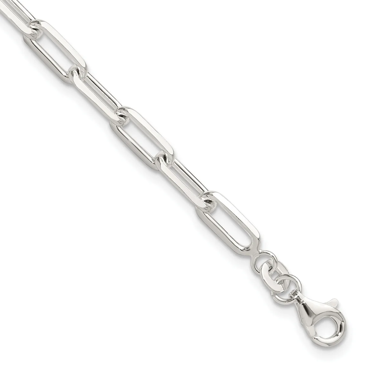 Silver-toned chain bracelet with elongated oval links and a lobster claw clasp, displayed diagonally against a white background.