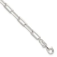 Silver-toned chain bracelet with elongated oval links and a lobster claw clasp, displayed diagonally against a white background.