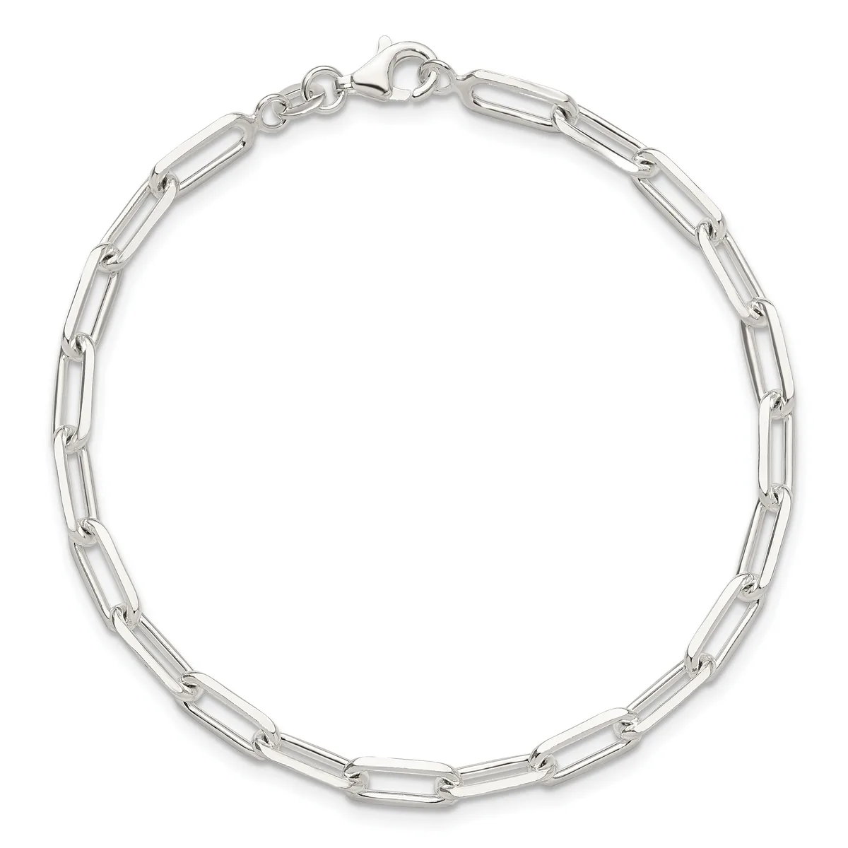 A silver-toned rectangular link bracelet with a lobster claw clasp, displayed against a white background.