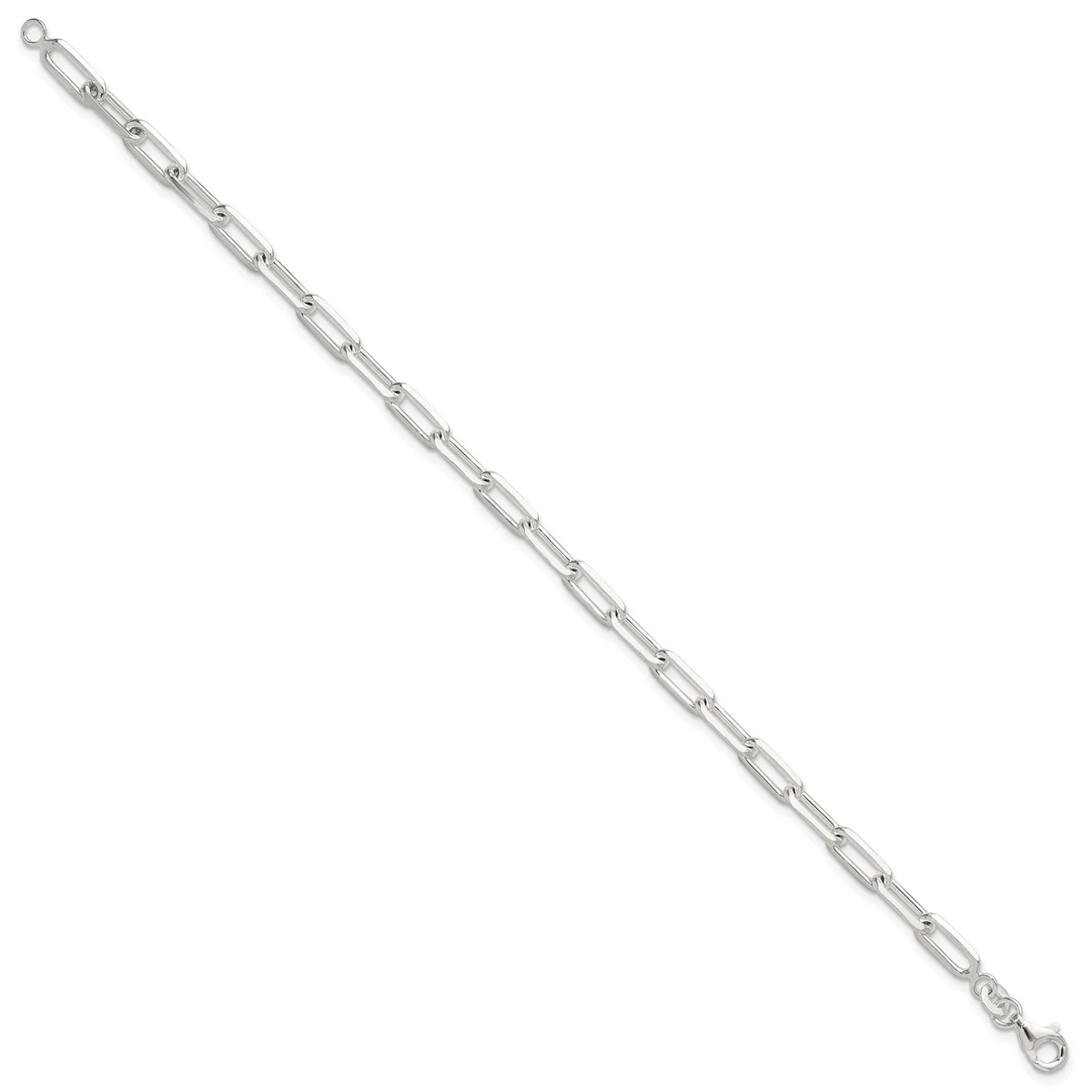 Silver-toned chain bracelet with rectangular link segments and small loop clasps at each end, displayed diagonally against a white background.