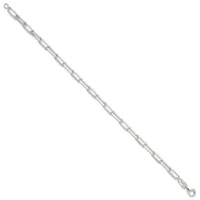 Silver-toned chain bracelet with rectangular link segments and small loop clasps at each end, displayed diagonally against a white background.