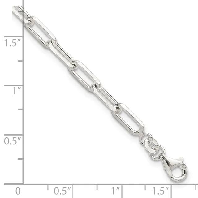 Silver-toned metal chain with elongated oval links shown against a ruler measuring its dimensions, approximately 1.5 inches in length with a clasp at the end.