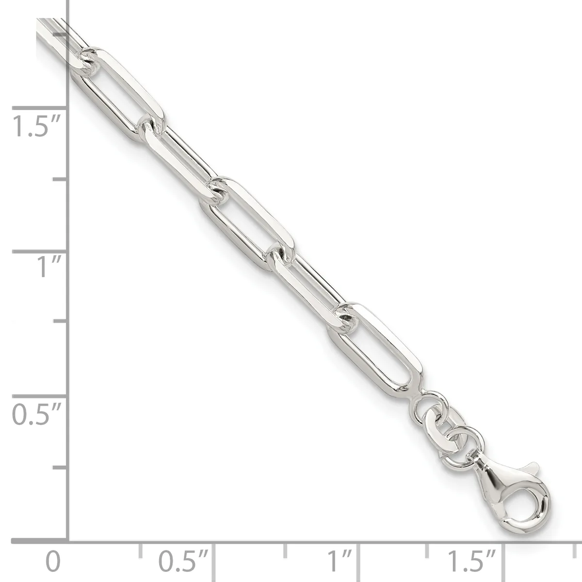 Silver-toned metal chain with elongated oval links shown against a ruler measuring its dimensions, approximately 1.5 inches in length with a clasp at the end.