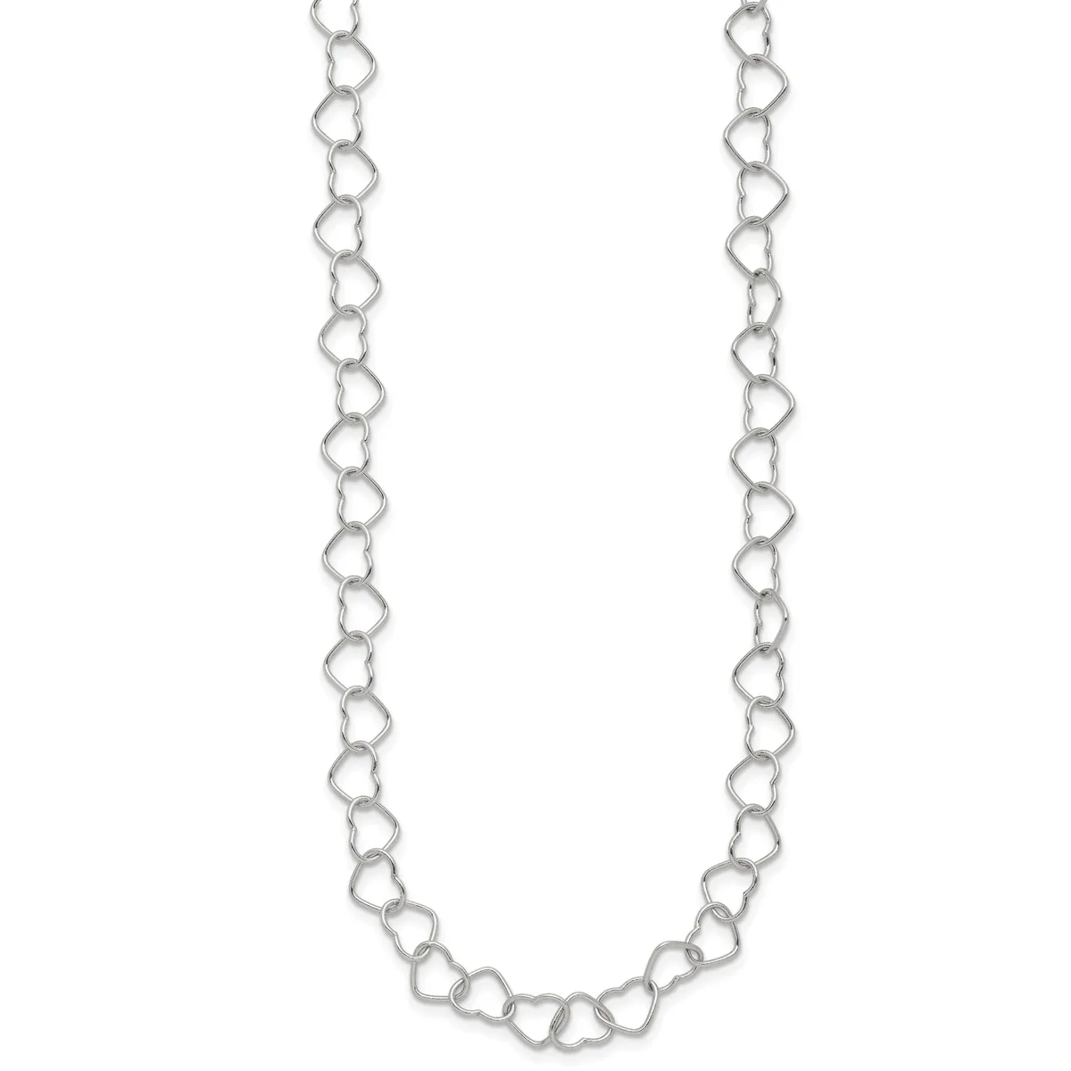 A silver chain necklace made of linked heart-shaped loops, displayed against a white background.