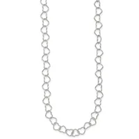 A silver chain necklace made of linked heart-shaped loops, displayed against a white background.