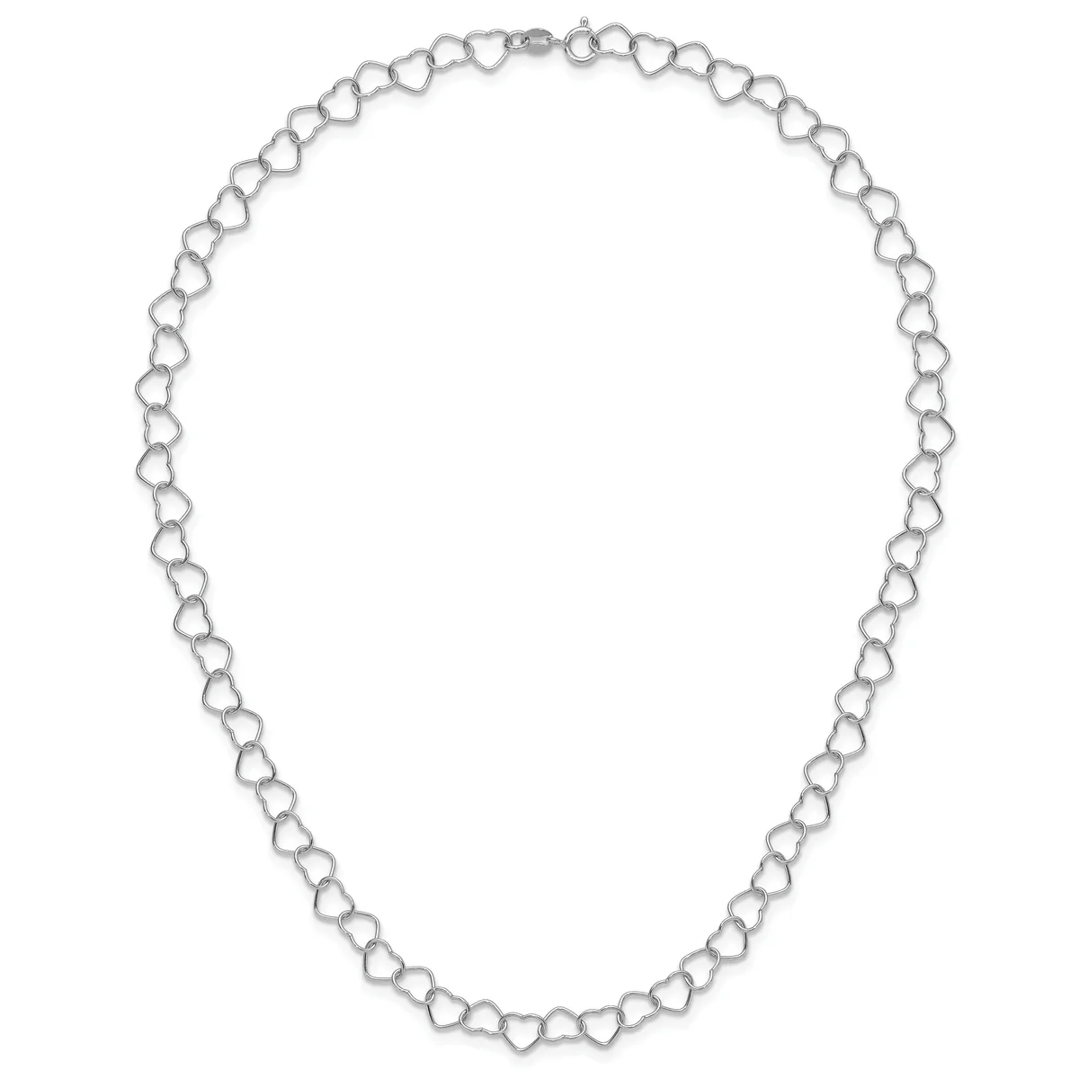 A silver chain necklace composed of connected heart-shaped links, displayed laid out flat against a white background.