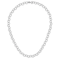 A silver chain necklace composed of connected heart-shaped links, displayed laid out flat against a white background.