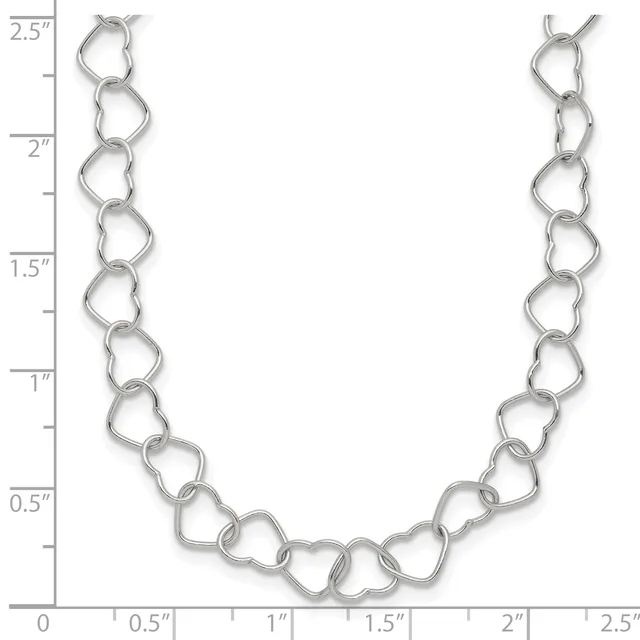 Silver-toned heart-shaped link chain necklace displayed flat against a white background with a ruler showing its length of approximately 2.5 inches.