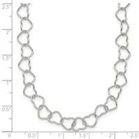 Silver-toned heart-shaped link chain necklace displayed flat against a white background with a ruler showing its length of approximately 2.5 inches.