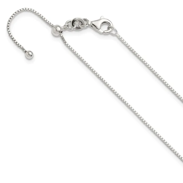 Sterling silver box chain necklace with lobster claw clasp and adjustable ball end, displayed diagonally on a white background.