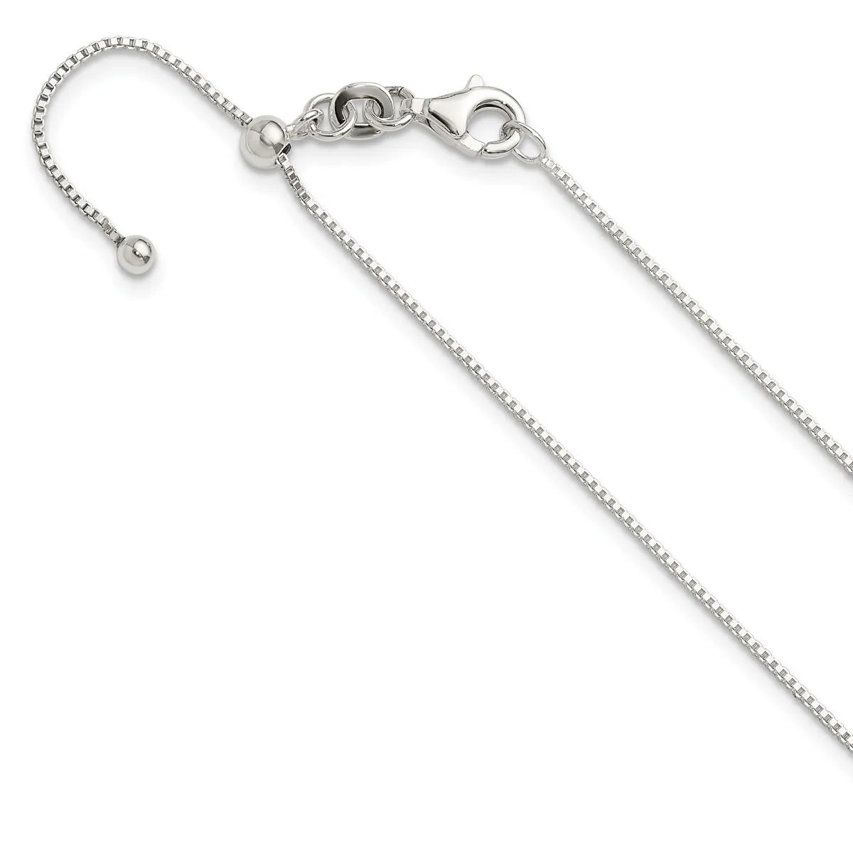 Sterling silver box chain necklace with lobster claw clasp and adjustable ball end, displayed diagonally on a white background.