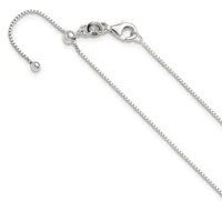 Sterling silver box chain necklace with lobster claw clasp and adjustable ball end, displayed diagonally on a white background.