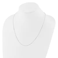 A thin silver chain necklace displayed on a white mannequin bust.