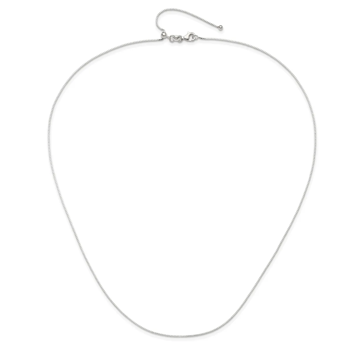 A silver snake chain necklace with a lobster clasp, shown laid out in an oval shape against a white background.