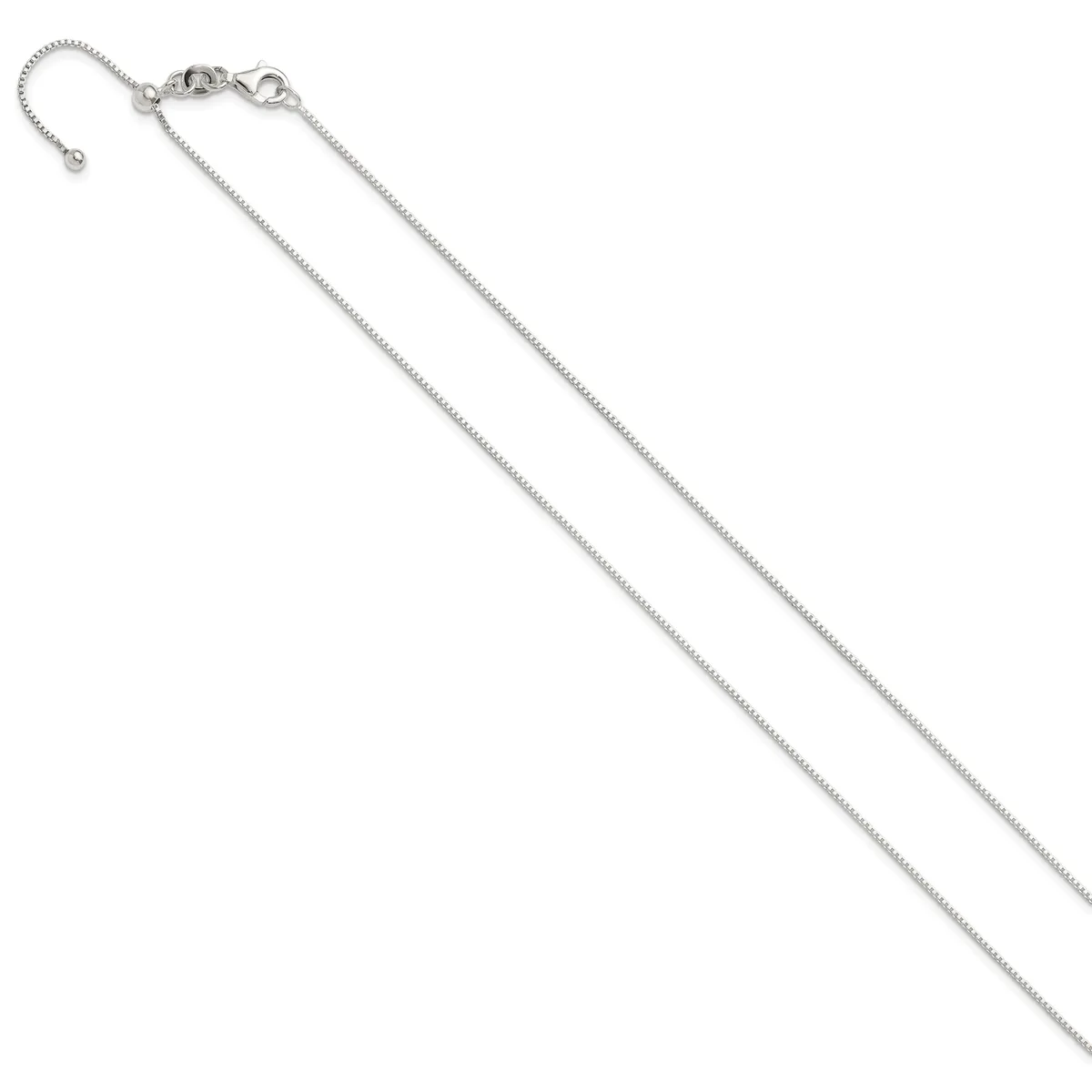 A silver-toned chain necklace with a lobster claw clasp and an adjustable ball chain extender on a white background.
