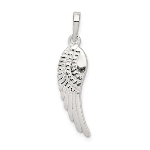 Silver angel wing pendant with detailed feather etching and a small stamped hallmark, suspended from a bail loop.