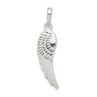 Silver angel wing pendant with detailed feather etching and a small stamped hallmark, suspended from a bail loop.