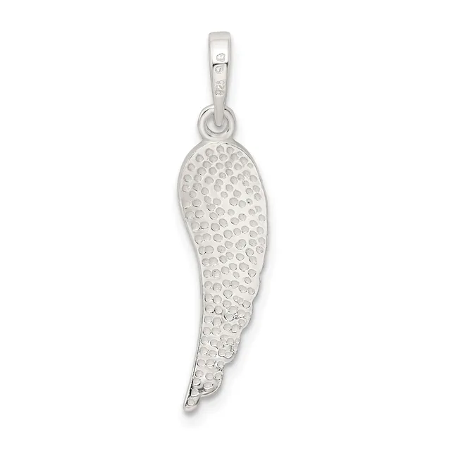 A silver wing-shaped pendant with a textured dotted surface and a small stamped hallmark, suspended from a silver bail.